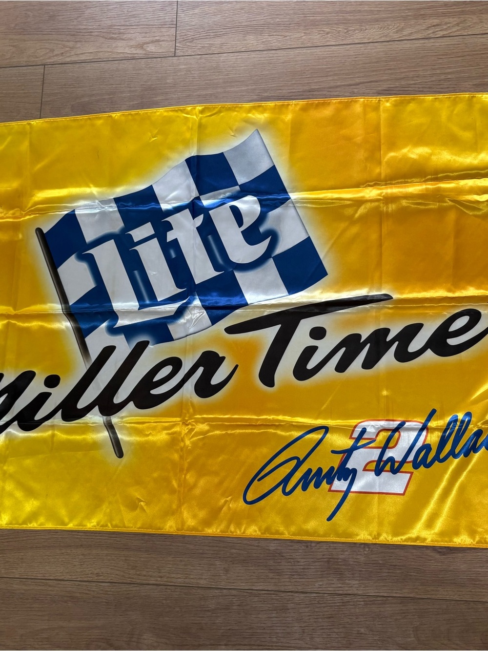 Rusty Wallace #2 gold Miller time Flag 36x59 NASCAR Mancave Brewerania